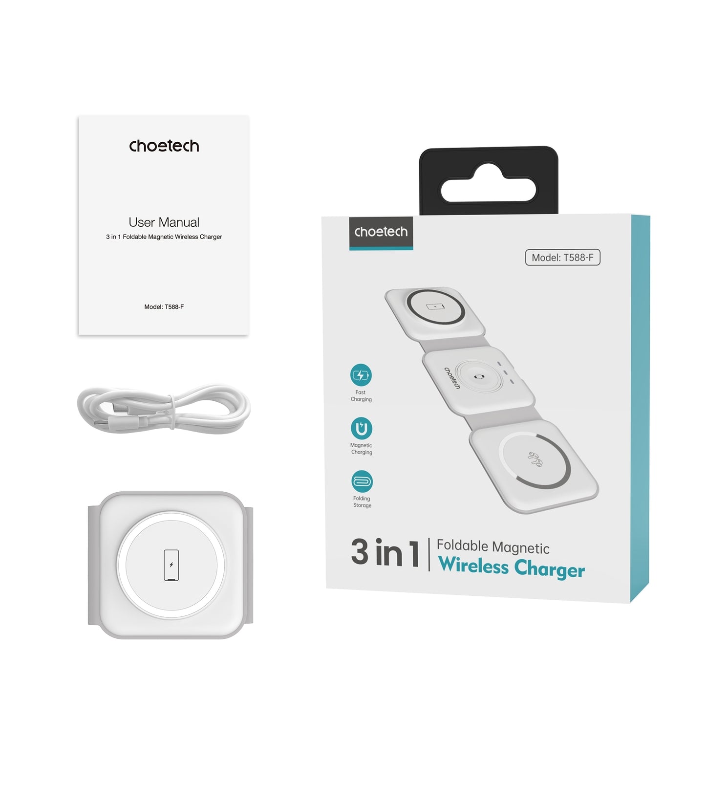 CHOETECH T588-F-WH 3-in-1 Foldable Fast Wireless Charger for Phone/Watch/Earphone Tristar Online