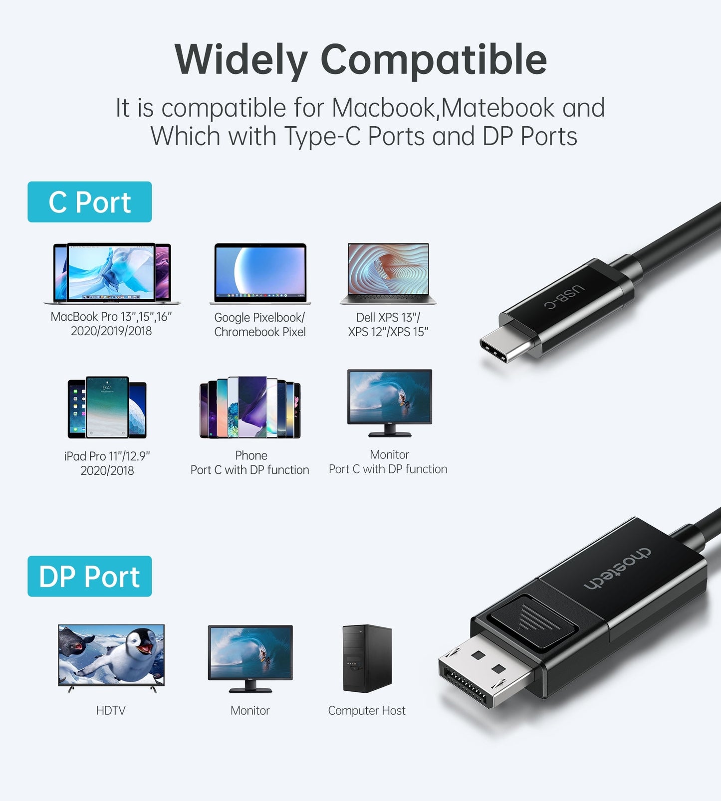 CHOETECH XCP-1803 USB-C To DisplayPort Cable 8K@30Hz 1.8M Two-Way Tristar Online