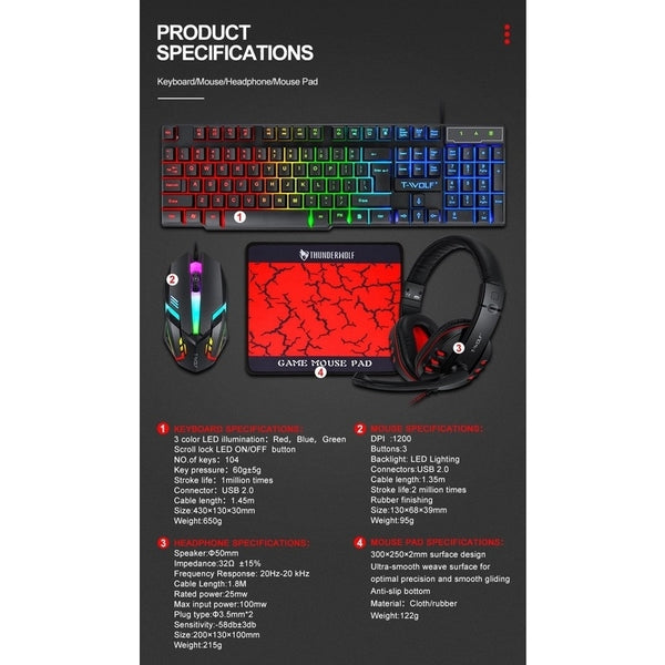 T-Wolf TF800 RGB 4-pcs Gaming Keyboard/Mouse/Headphone/Mouse Pad Kit Set Tristar Online