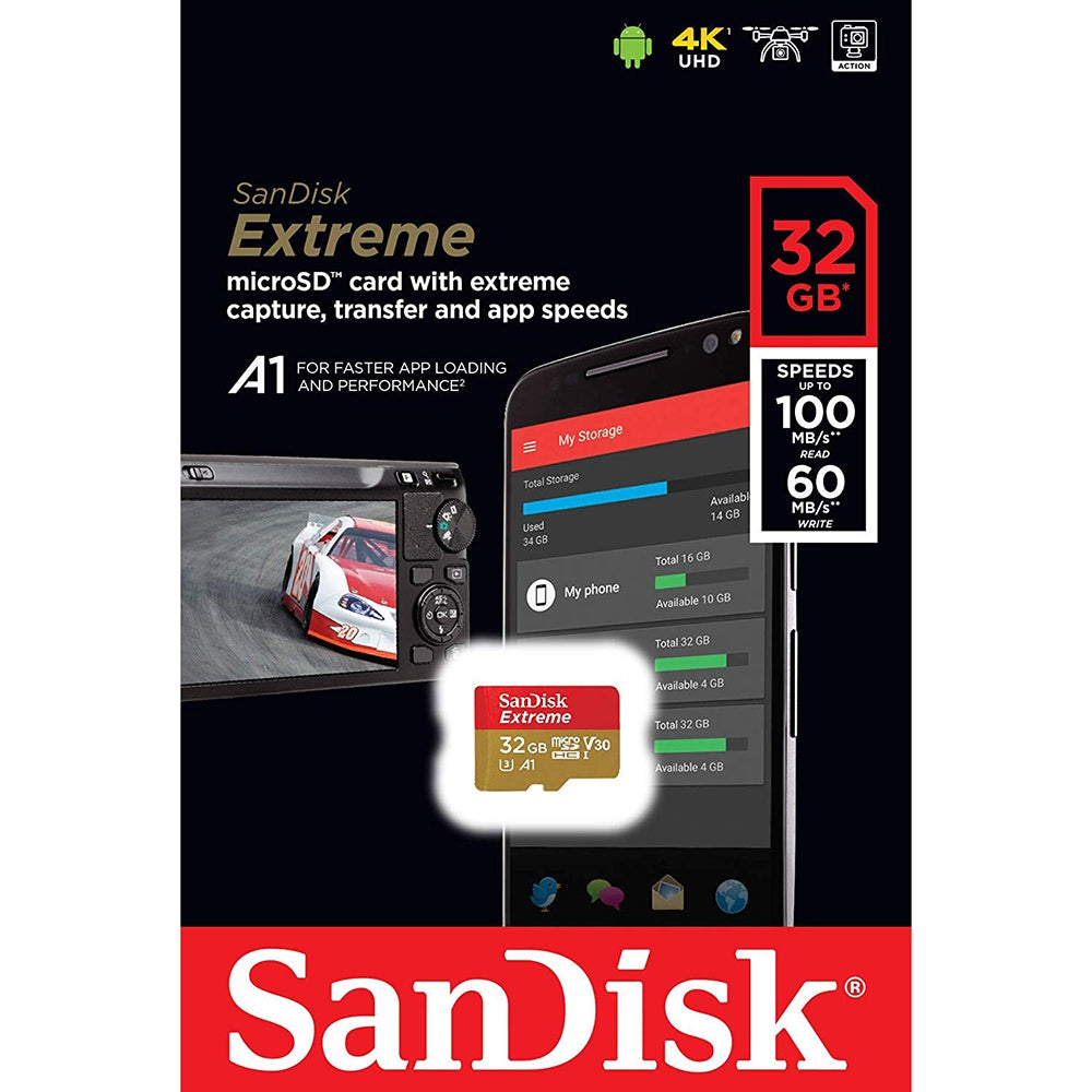 SANDISK SDSQXAF-032G-GN6MN 32GB MICRO SDHC EXTREME A1 V30, UHS-I/ U3, 100MB/s ,NO SD ADAPTER Tristar Online