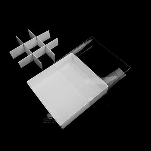100 Pack of White Card Chocolate Sweet Soap Product Reatail Gift Box - 9 bay 4x4x3cm Compartments - Clear Slide On Lid - 12x12x3cm Tristar Online