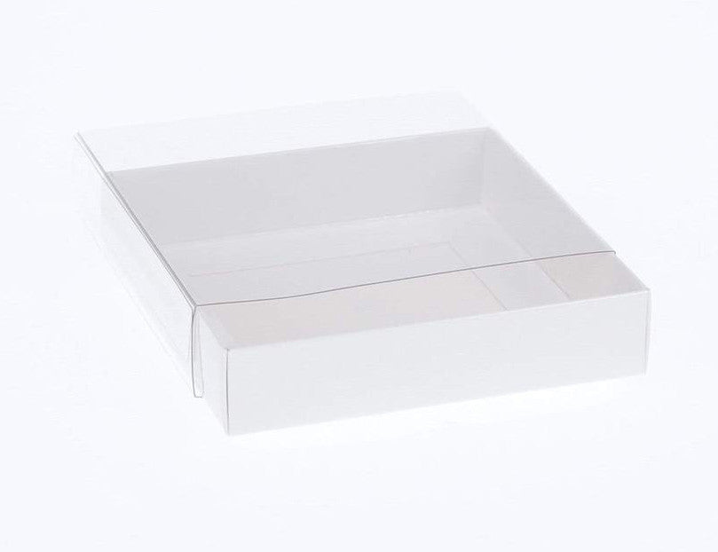 100 Pack of 10cm Square Invitation Coaster Favor Function product Presentation Cookie Biscuit Patisserie Gift Box - 2cm deep - White Card with Clear Slide On PVC Lid Tristar Online
