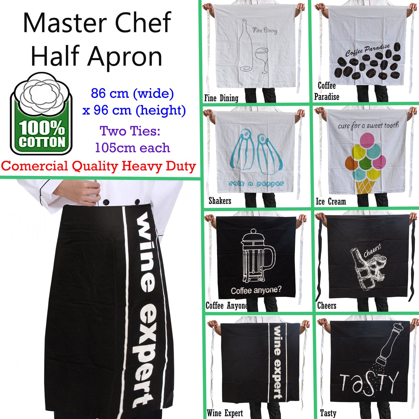100% Cotton Master Chef Half Apron Heavy Duty Shakers Tristar Online