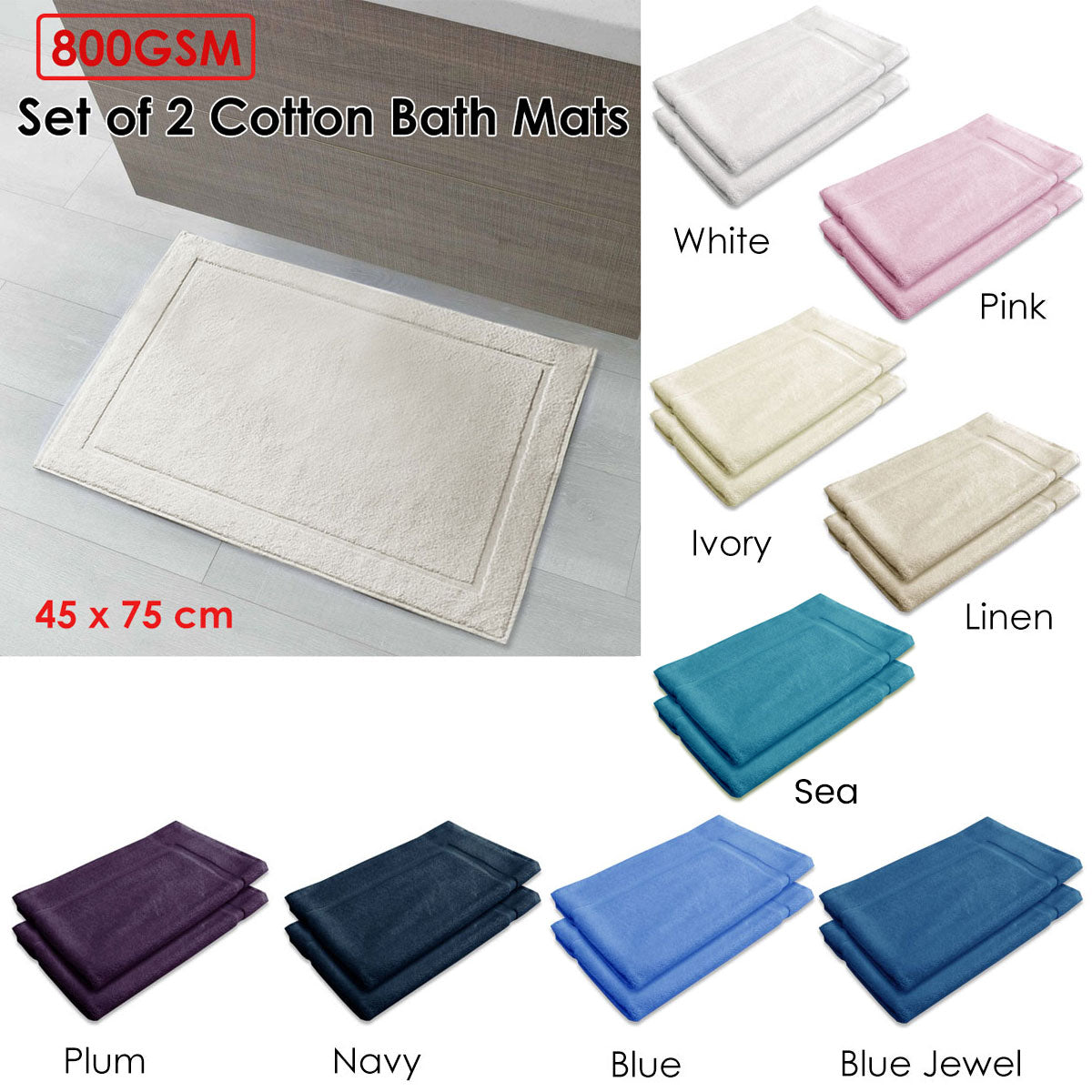 800GSM Set of 2 Cotton Bath Mat Blue Tristar Online