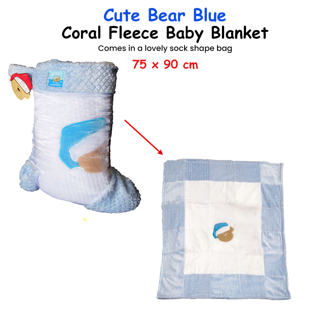Cute Bear Blue Coral Fleece Baby Blanket 75 x 90 cm Tristar Online