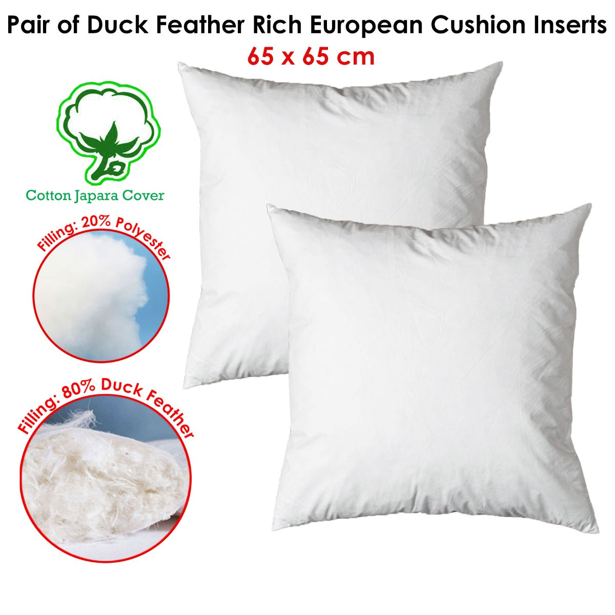 Pair of Duck Feather Rich Fill European Cushion Inserter 65 x 65 cm Tristar Online