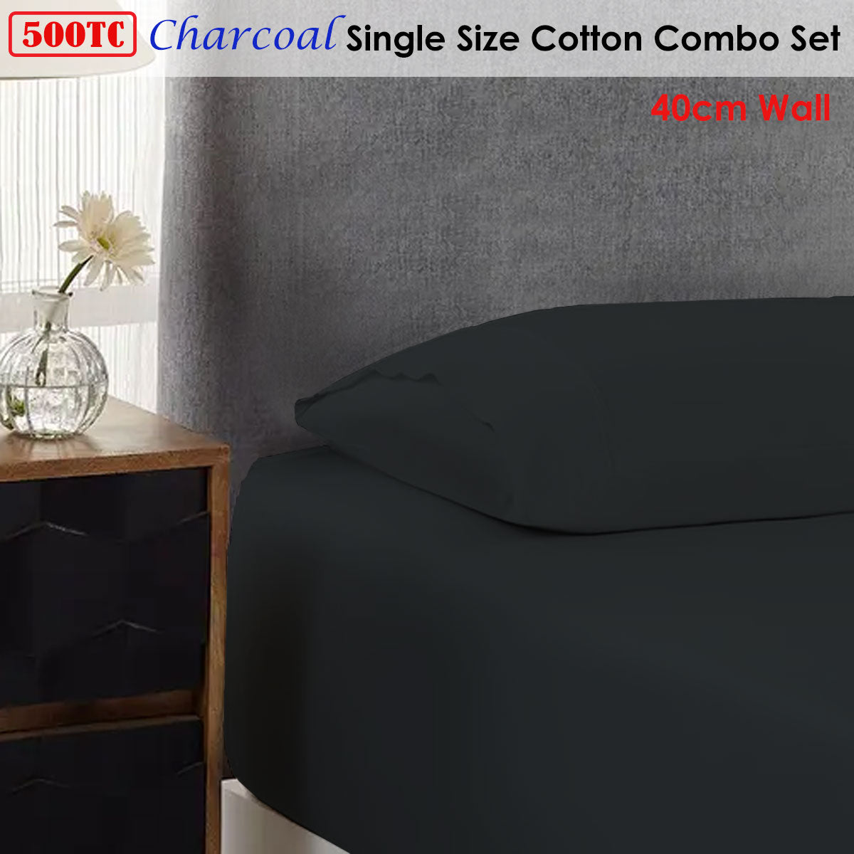 500TC Cotton Combo Set Charcoal Single 40cm Wall Tristar Online