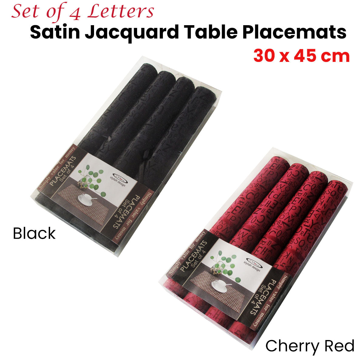 Set of 4 Jacquard Satin Letters Table Placemats Black 30 x 45cm Tristar Online