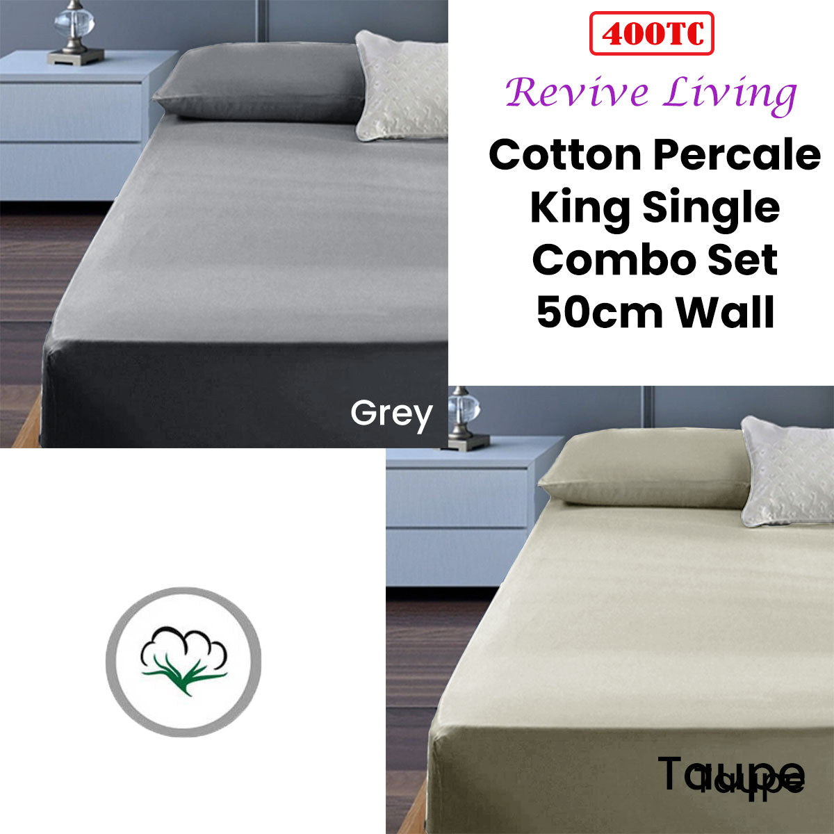 400TC Cotton Percale King Single Combo Set 50cm Wall Grey Tristar Online