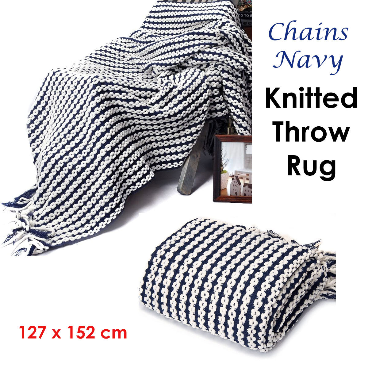 Chains Navy Knitted Throw Rug Tristar Online