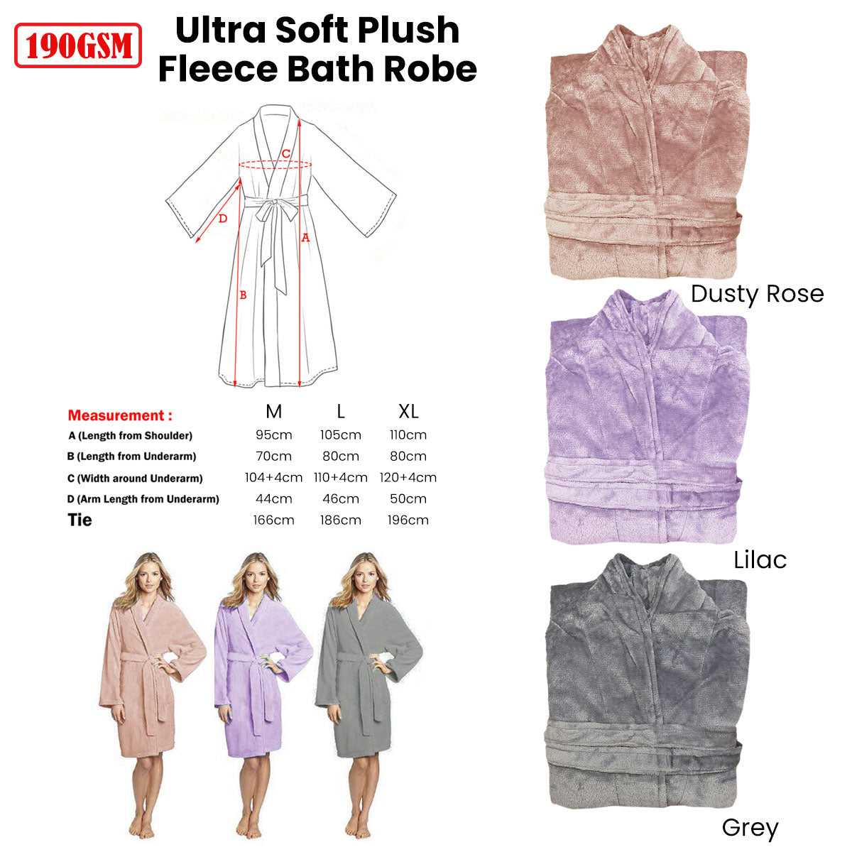 190GSM Ultra Soft Plush Fleece Bath Robe Grey L Tristar Online