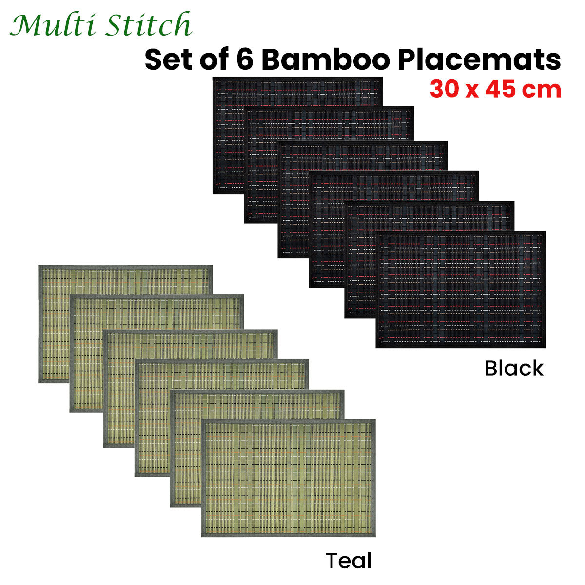 Set of 6 Multi Stitch Bamboo Table Placemats 30 x 45cm Black Tristar Online