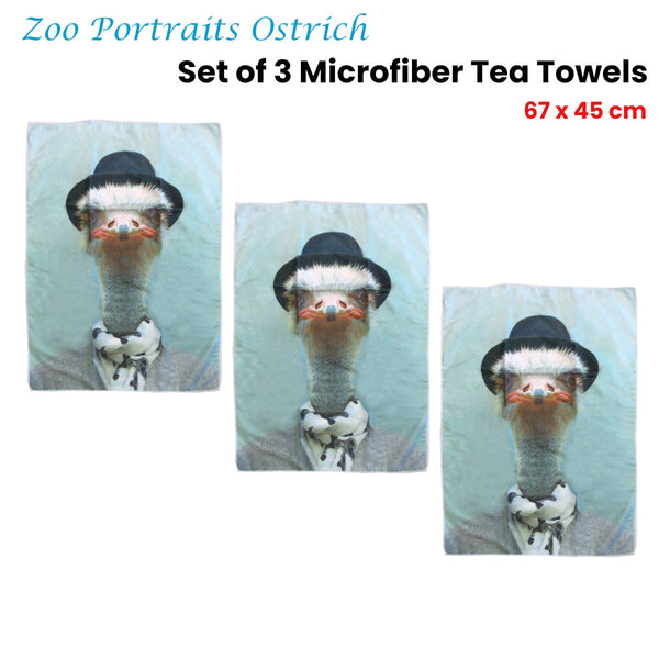 Set of 3 Zoo Portraits Microfiber Tea Towels Ostrich 67 x 45 cm Tristar Online
