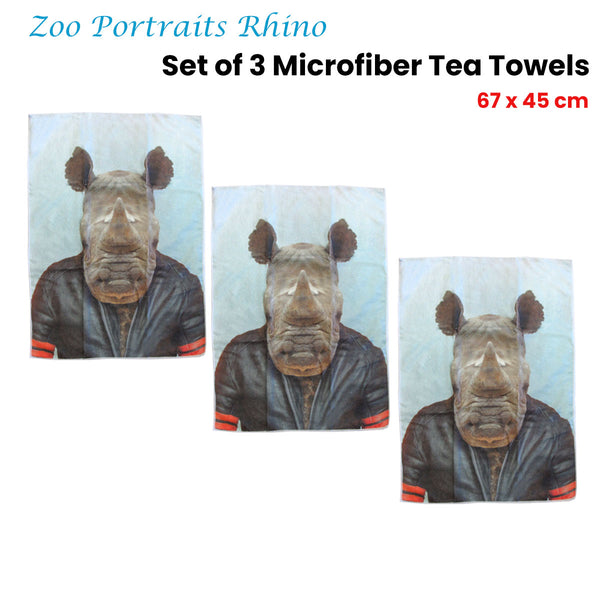 Set of 3 Zoo Portraits Microfiber Tea Towels Rhino 67 x 45 cm Tristar Online