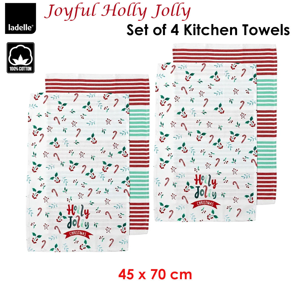 Ladelle Joyful Holly Jolly Christmas Set of 4 Cotton Kitchen Towels 45 x 70 cm Tristar Online