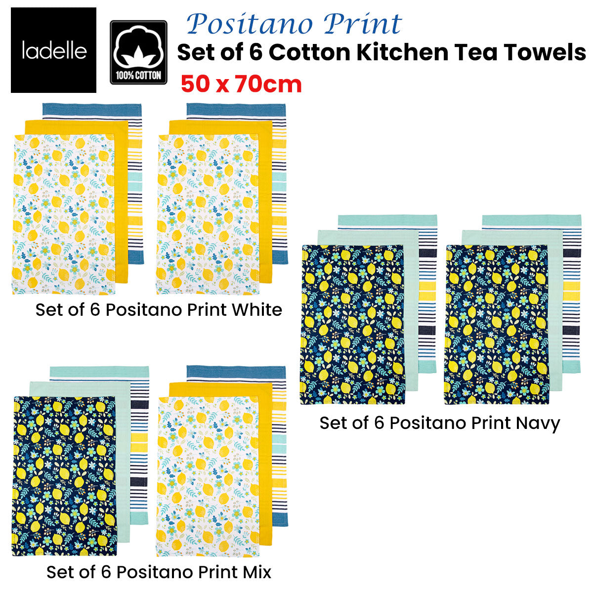 Ladelle Set of 6 Positano Cotton Kitchen Tea Towels 50 x 70 cm White Tristar Online