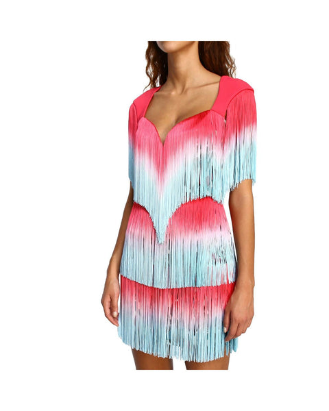Elisabetta Franchi Pink Dress with Light Blue Shaded Franges 40 IT Women Tristar Online