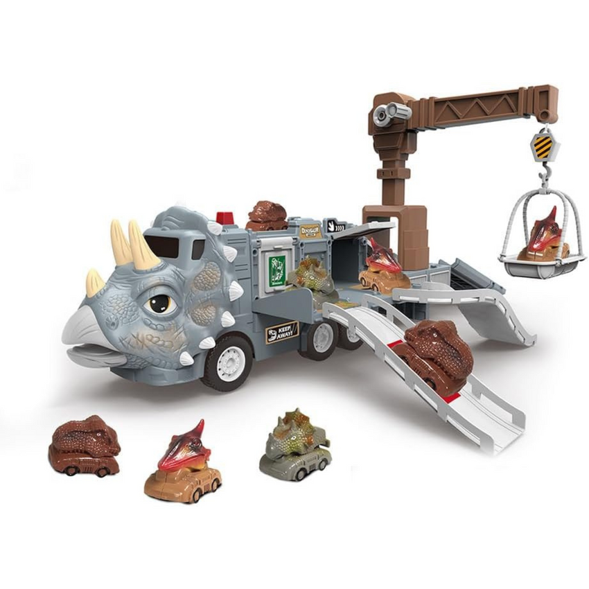 Car Educational Dinosaur Toy with Light, Triceratops Deformation Track Inertia Music, and Puzzle Parking Lot - Grey Tristar