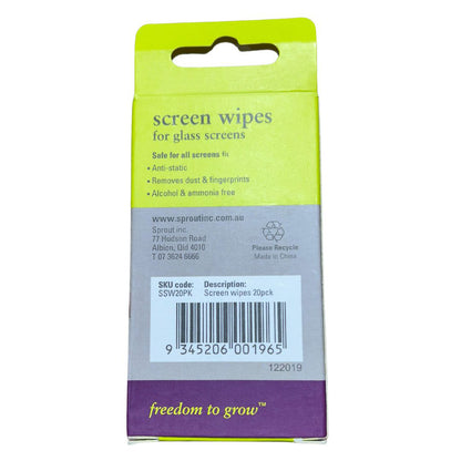 Sprout Screen Wipes for Glass Screens - Pack of 20, Anti-Static & Gentle Cleaning
