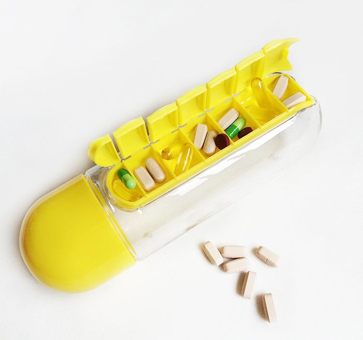 2-in-1 Water Bottle with 7-Day Pill Organizer - 600ml BPA-Free, Portable & Leakproof(Yellow) Tristar Online