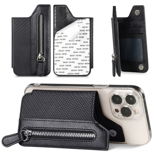 2 Pcs Black Multifunction Stick-On Phone Wallet - PU Leather Card Holder with Zipper & Flip Cover Tristar Online