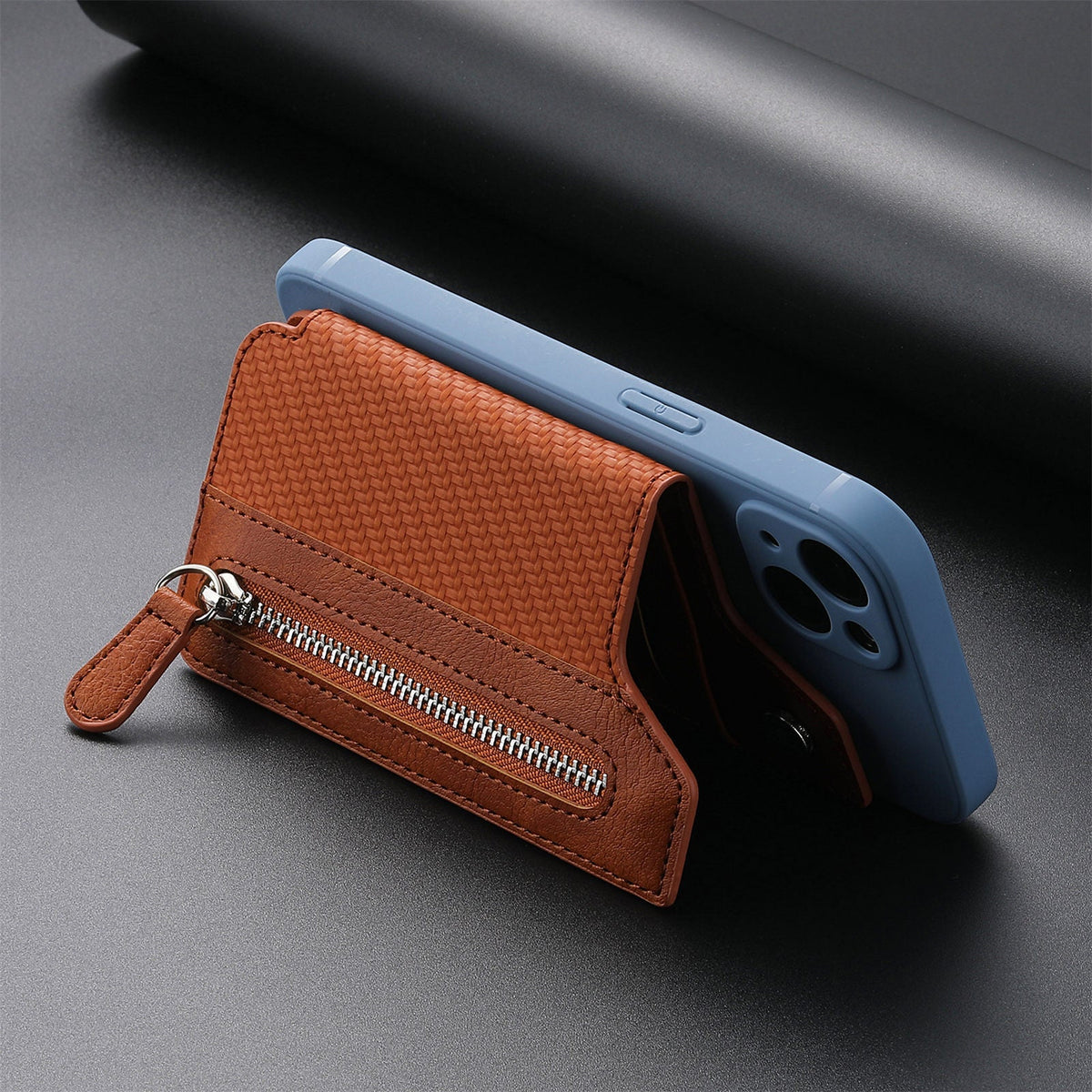 2 Pcs Brown Multifunction Stick-On Phone Wallet - PU Leather Card Holder with Zipper & Flip Cover Tristar Online