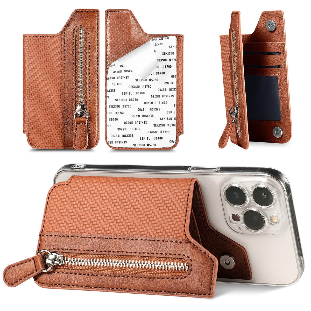 2 Pcs Brown Multifunction Stick-On Phone Wallet - PU Leather Card Holder with Zipper & Flip Cover Tristar Online