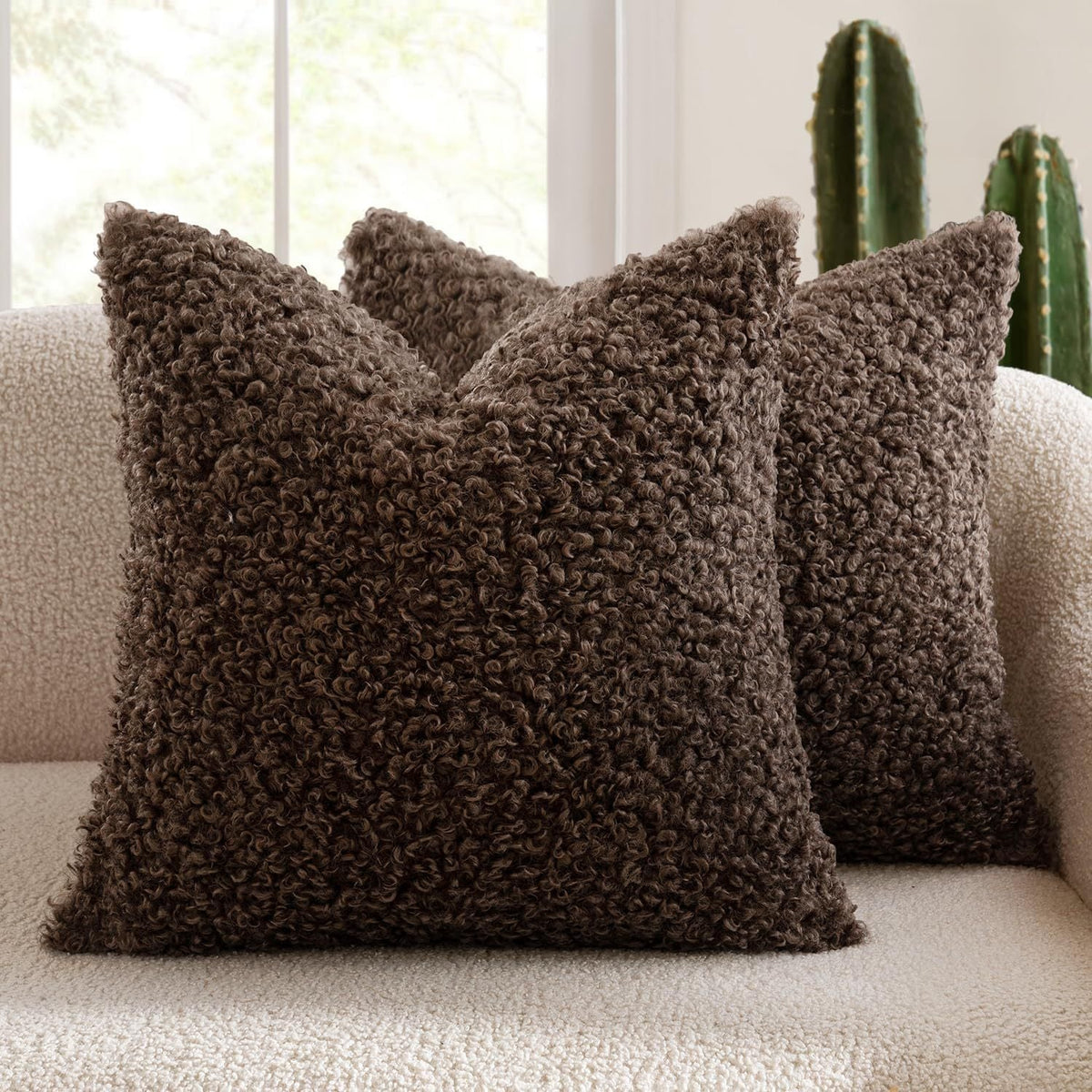 2 Pcs Coffee Cozy Teddy Boucle Cushion Cover - Plush Decorative Square Pillow Case for Sofa & Bed Tristar Online