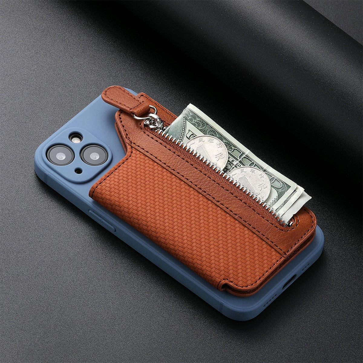 2 Pcs Khaki Multifunction Stick-On Phone Wallet - PU Leather Card Holder with Zipper & Flip Cover Tristar Online