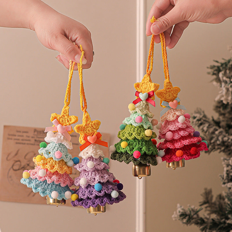 2 Pcs Style A Yellow and Pink Handmade Crochet Christmas Tree Ornament - Festive Hanging Decoration with Jingle Bell Tristar Online