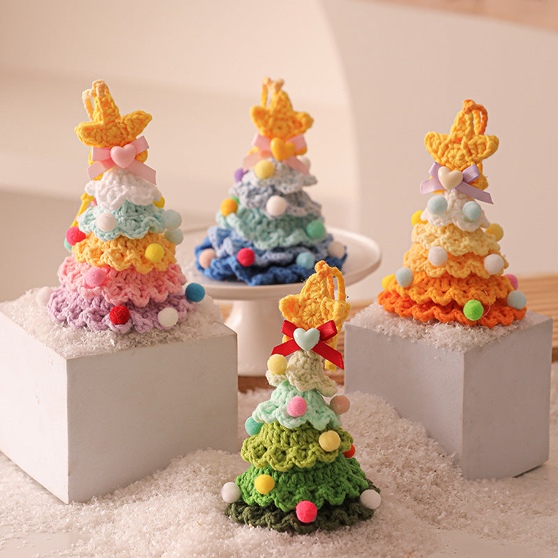 2 Pcs Style A Yellow and Pink Handmade Crochet Christmas Tree Ornament - Festive Hanging Decoration with Jingle Bell Tristar Online