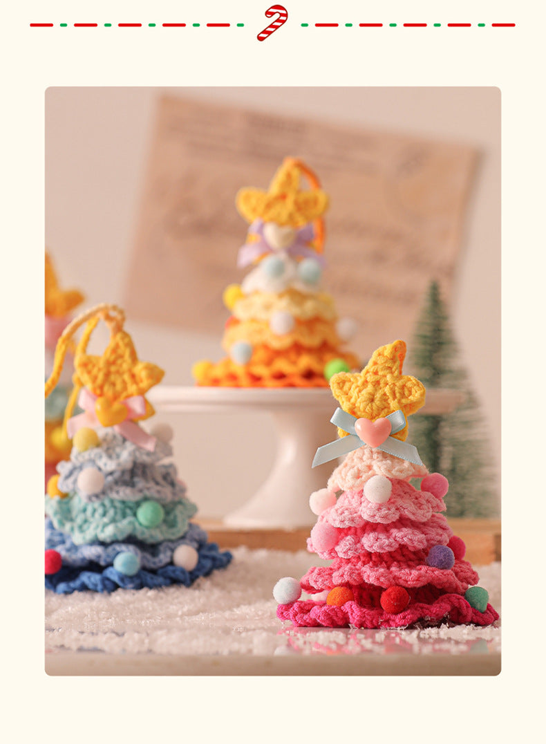 2 Pcs Style A Yellow and Pink Handmade Crochet Christmas Tree Ornament - Festive Hanging Decoration with Jingle Bell Tristar Online