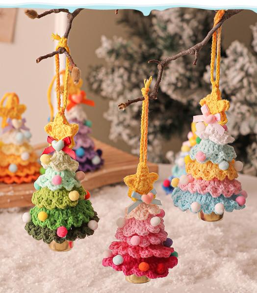2 Pcs Style A Yellow and Pink Handmade Crochet Christmas Tree Ornament - Festive Hanging Decoration with Jingle Bell Tristar Online