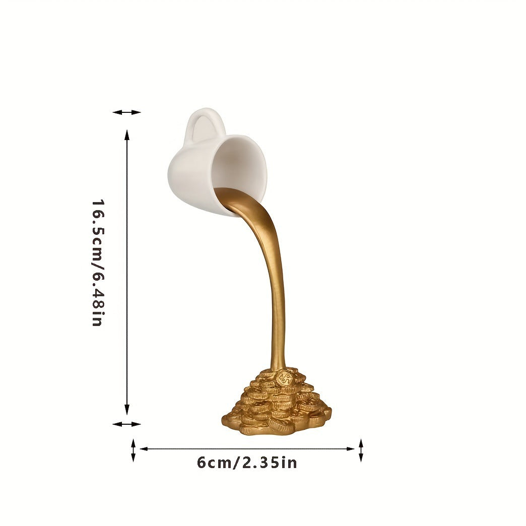 2 Pcs White Cup With Golden "Spill" And Base Magic Pouring Coffee Cup Sculpture - Unique Resin Tabletop Art Accent Tristar Online