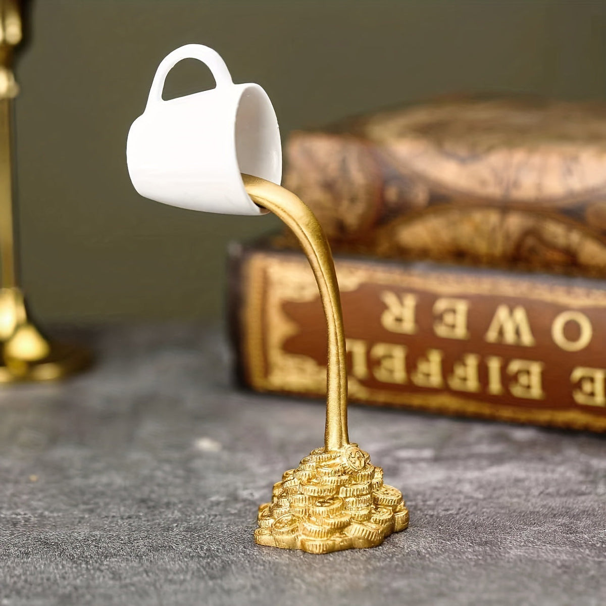 2 Pcs White Cup With Golden "Spill" And Base Magic Pouring Coffee Cup Sculpture - Unique Resin Tabletop Art Accent Tristar Online