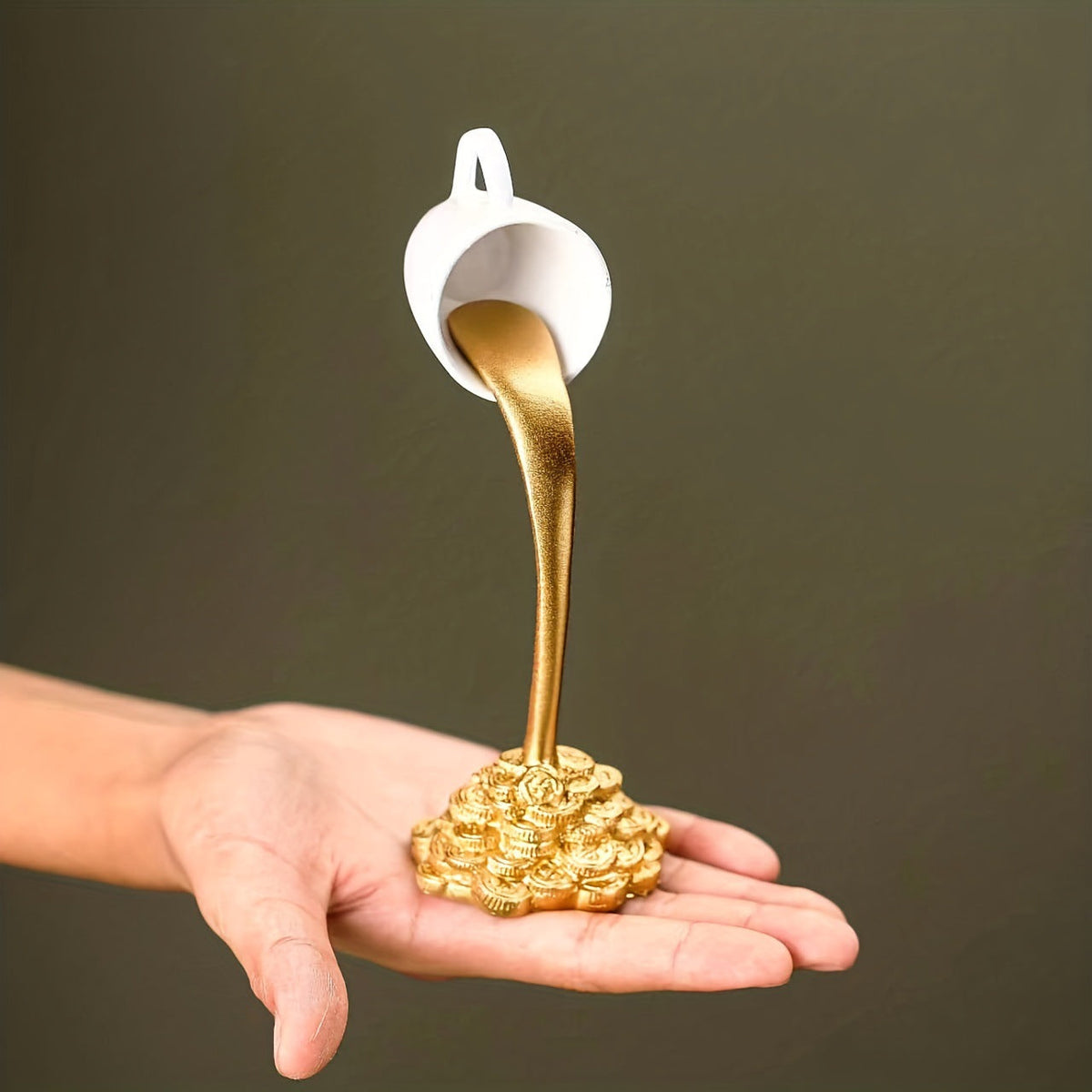 2 Pcs White Cup With Golden "Spill" And Base Magic Pouring Coffee Cup Sculpture - Unique Resin Tabletop Art Accent Tristar Online