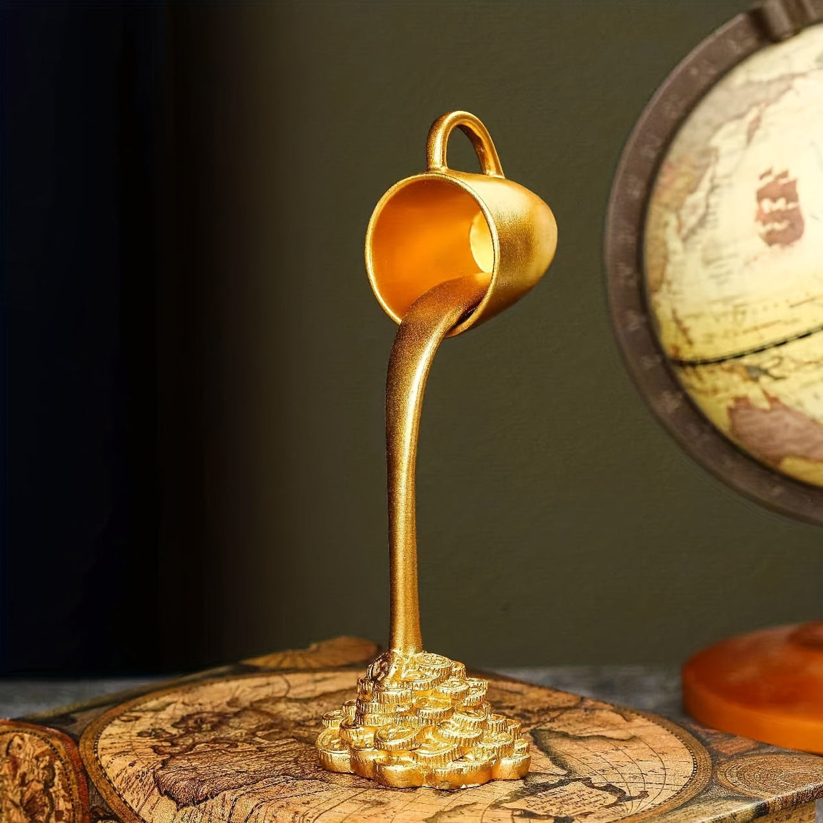 2 Pcs White Cup With Golden "Spill" And Base Magic Pouring Coffee Cup Sculpture - Unique Resin Tabletop Art Accent Tristar Online