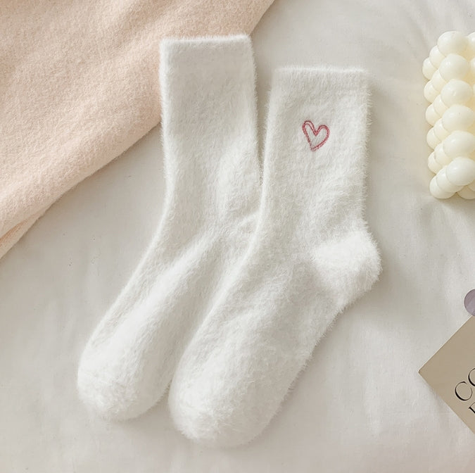 2-Piece White Women's Ultra-Soft Fuzzy Socks - Plush Chenille Thermal Crew Socks with Heart Embroidery Tristar Online