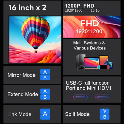 Trion 16-inch Full HD Foldable Dual Portable Monitor - Plug and Play Screen Extender Trion