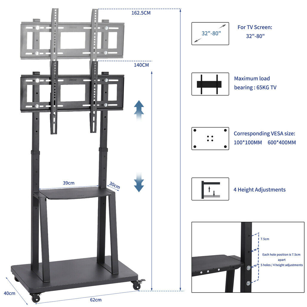 32-80 Rolling TV Stand with 2-Tier Shelf Adjustable Mount Tristar Online