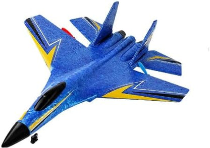 Remote Control Fighter Jet Glider - LED Lights - Foam RC Airplane Toy - 2.4G Remote-Controlled Drone - Blue
