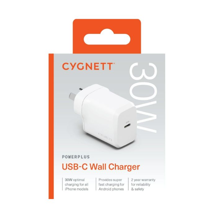 CYGNETT 30W GaN USB-C Wall Charger – White - Pristine Refurbished (Au Version) Cygnett