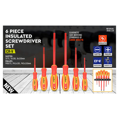 6-Piece Insulated Screwdriver Set - 1000V Rated, CR-V Steel with Magnetic Tips & Wall Rack Tristar Online