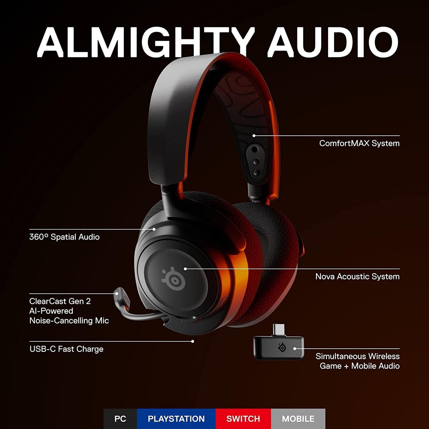 SteelSeries Arctis Nova 7 Wireless USB-C Gaming Headset - Multi-Platform (PC, PlayStation, Switch, Android), Bluetooth, 38-Hour Battery, Fast Charging, Noise-Cancelling Gen 2 Mic Samsung