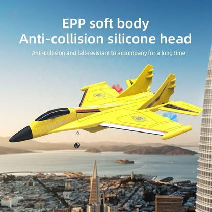 Remote Control Fighter Jet Glider - LED Lights - Foam RC Airplane Toy - 2.4G Remote-Controlled Drone - Blue Tristar