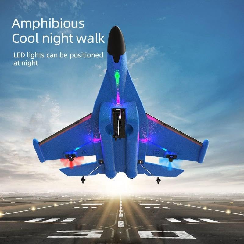 Remote Control Fighter Jet Glider - LED Lights - Foam RC Airplane Toy - 2.4G Remote-Controlled Drone - Blue Tristar