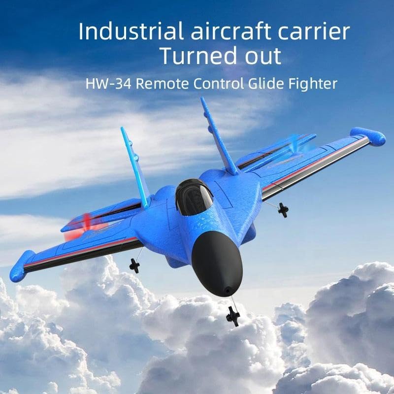 Remote Control Fighter Jet Glider - LED Lights - Foam RC Airplane Toy - 2.4G Remote-Controlled Drone - Blue Tristar