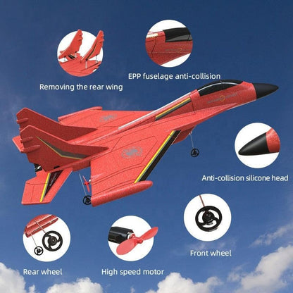 Remote Control Fighter Jet Glider - LED Lights - Foam RC Airplane Toy - 2.4G Remote-Controlled Drone - Blue