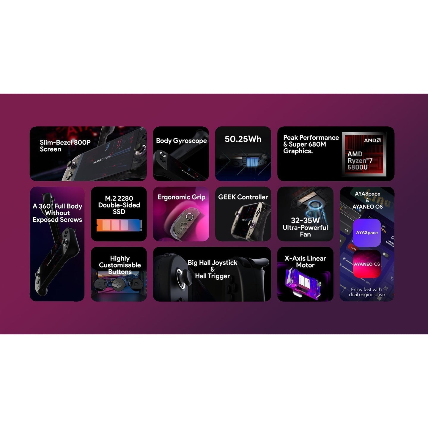 Ayaneo Geek Handheld PC Gaming Console 6800U (16GB+512GB) - Fantasy Black-Refurbished (GRADE-A)