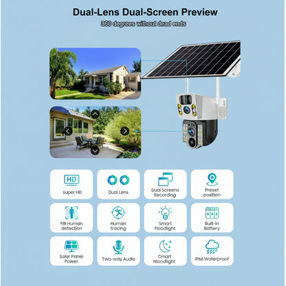 8MP 4K Wireless Solar Camera - 4G SIM & WiFi Outdoor Dual Lens IP Security Camera - PIR Motion Detection - V380 Pro